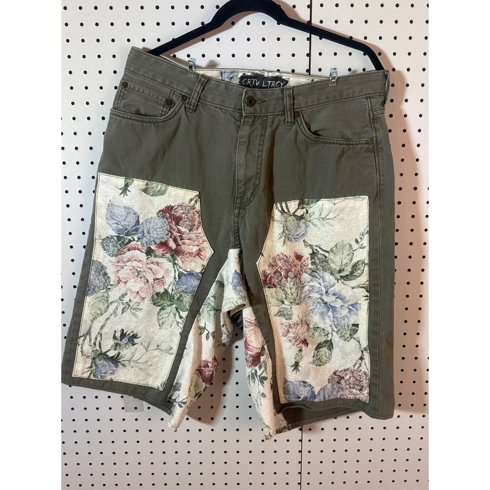 Upcycled Custom Patchwork Jorts Olive Green Floral Dinosaur 1‎ of 1